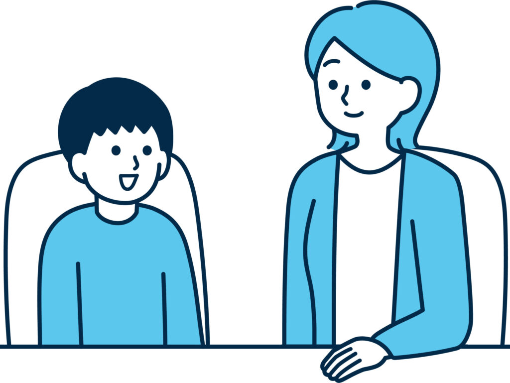 ASD（自閉スペクトラム症）の心の理論を表すイラスト。他者の心を推測するコミュニケーションの場面