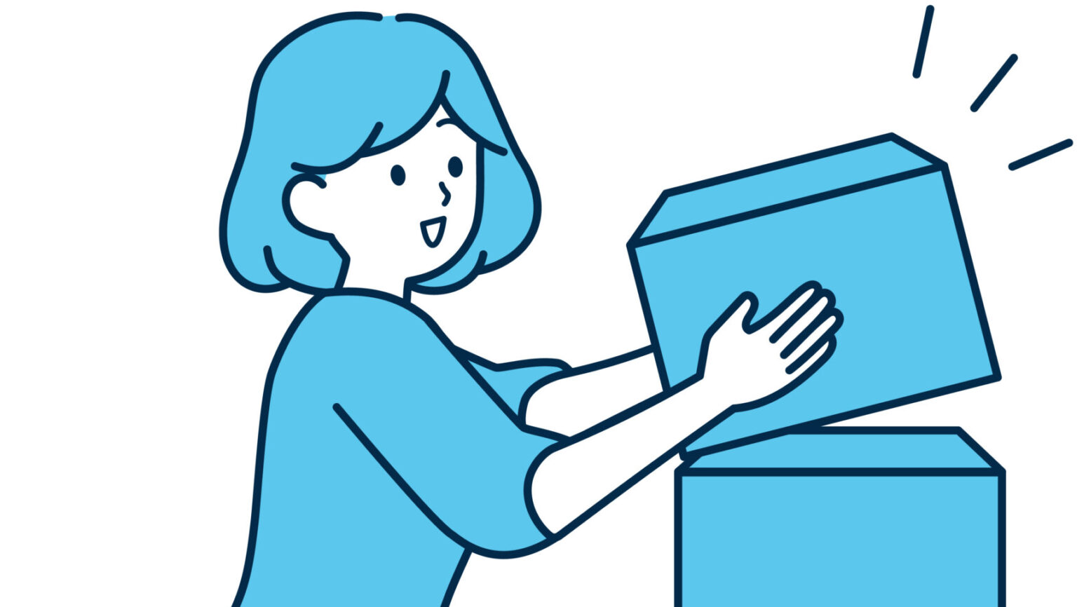 複数の情報を積み重ねる作業を表す人物のイラスト。多感覚統合や同時処理のイメージとして、箱を順に積み上げている場面