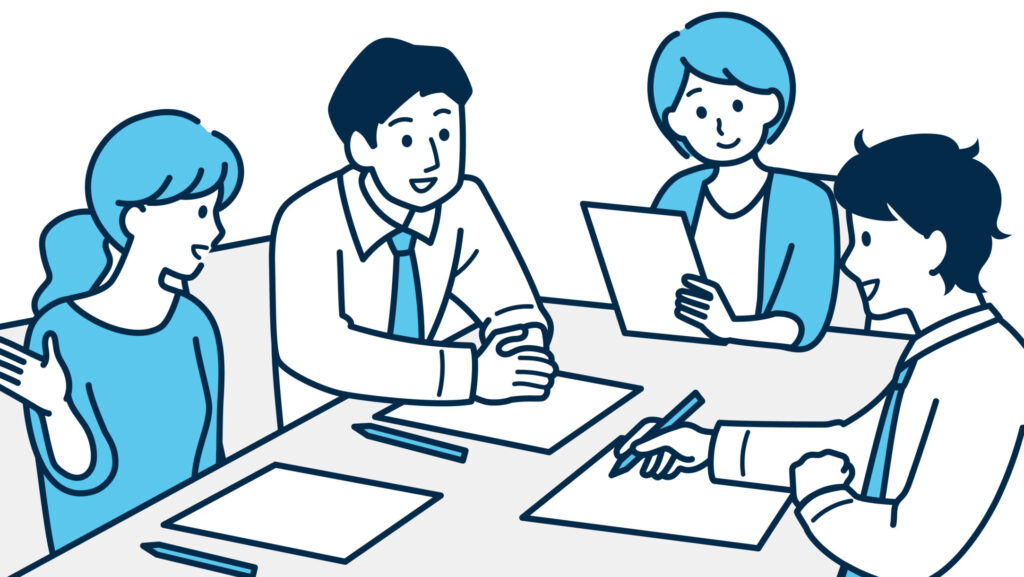 発達障害やASD当事者が職場で感じるコミュニケーションのズレを象徴するイメージとして、会議中の人々のイラスト