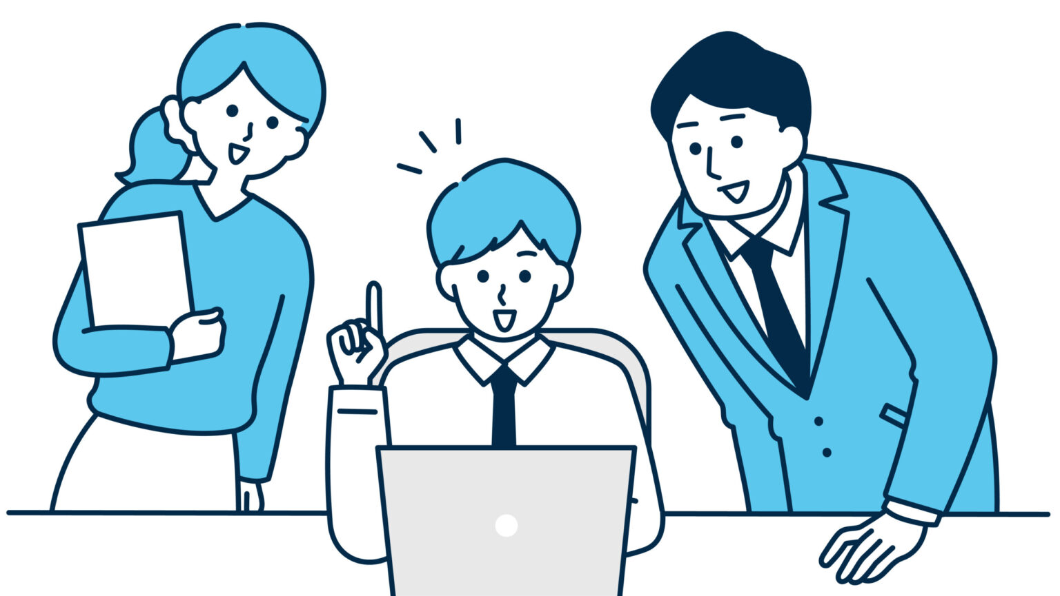 発達障害のある社員を職場の同僚と上司がノートパソコンを囲んでサポートしているビジネスイラスト 職場の理解と支援がある環境のイメージ