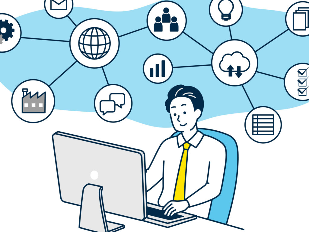 悩みの切り分けを整理するために男性がパソコンでしているイメージとしたイラスト