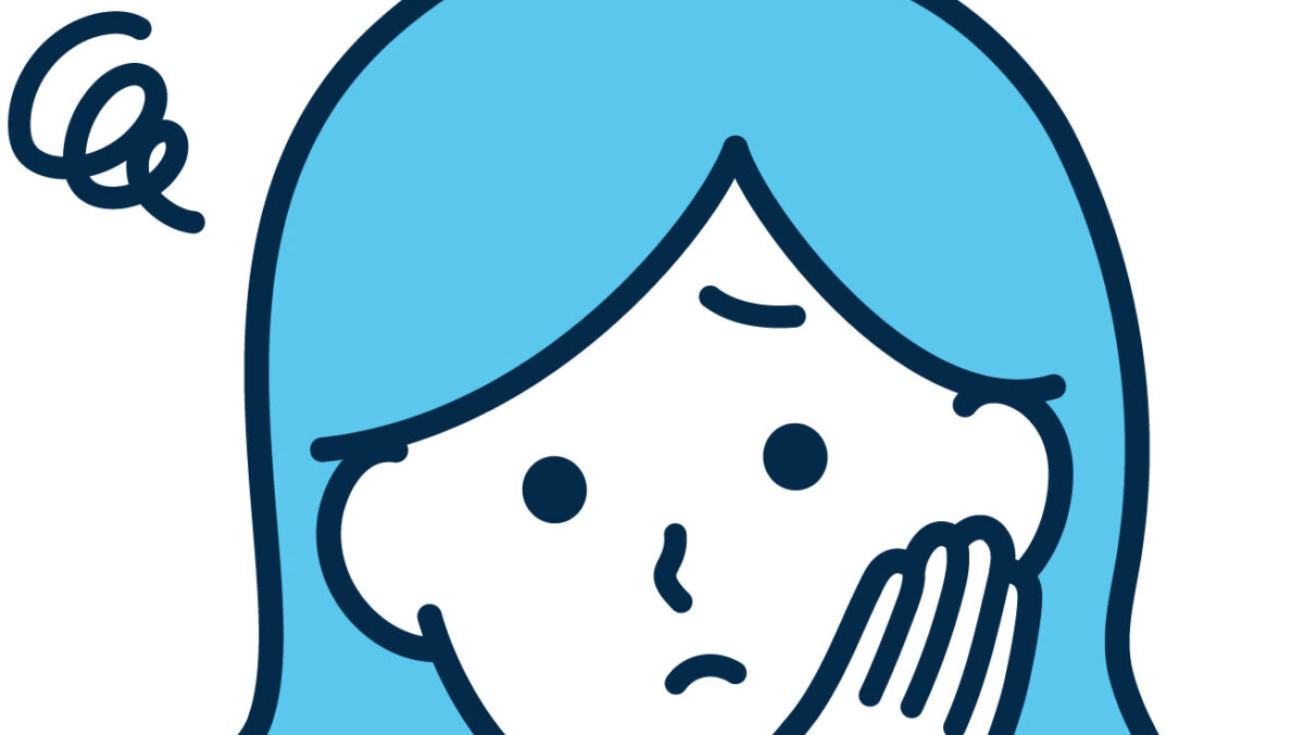 侵入思考に悩む様子を表したイラスト。女性が困った表情で頬に手を当て、頭上に渦巻きマークが描かれている。