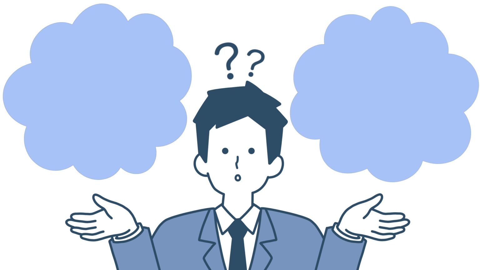 二つの選択肢の間で悩むスーツ姿の男性のイラスト。発達障害のある人が仕事や働き方の選び方に迷っている様子を表現したイメージ。