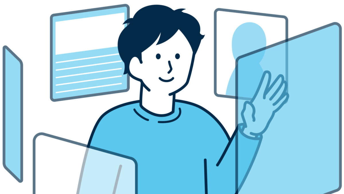 就労支援の選び方を整理するために、情報を見比べる人物のイラスト。複数の選択肢から自分に合う働き方を検討するイメージ。