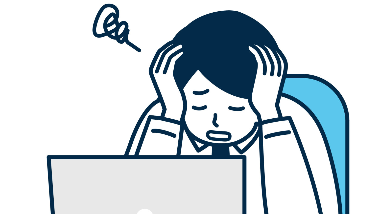 パソコン作業中の不注意なミスに気づき、同時処理の負担から頭を抱えているビジネスパーソンのイラスト
