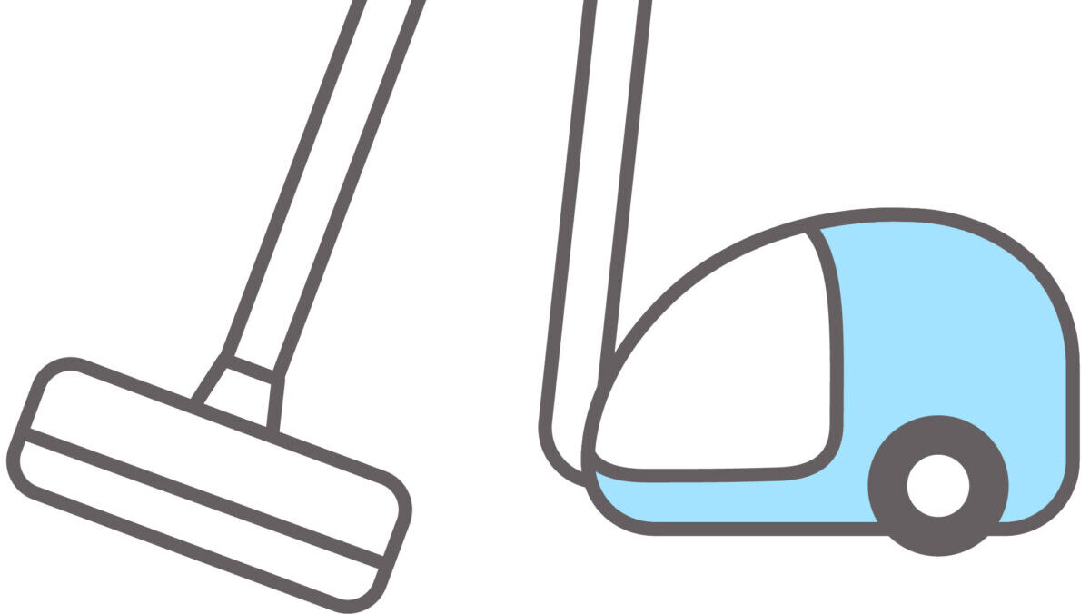 掃除機で床を掃除しているイラスト。散らかった部屋を片づけて視覚刺激を減らし、ASD当事者の脳の負荷を軽くして集中しやすい環境を整えるイメージ