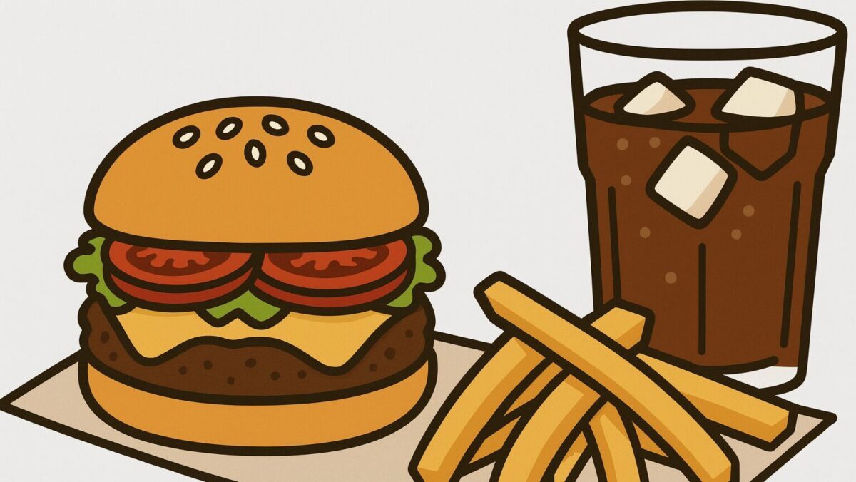 ハンバーガーとポテトとジュースのセットメニューのイラスト。反芻思考と食事の関係をイメージした図